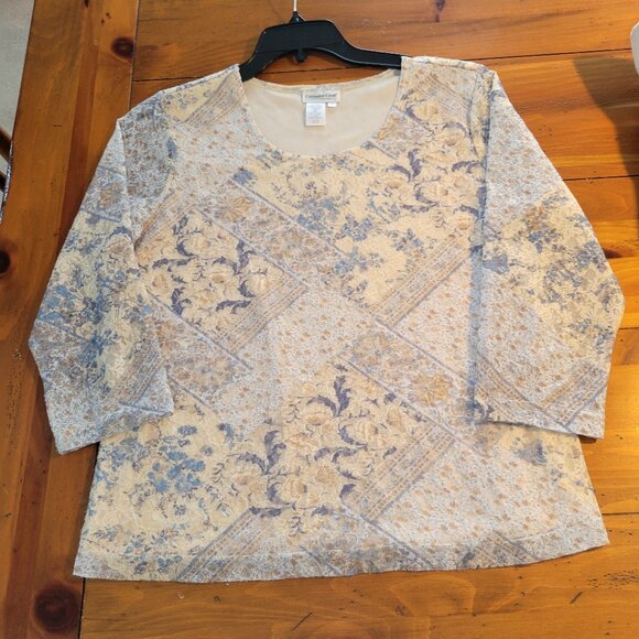 Coldwater Creek fully lined top with sheer 3/4" length sleeves blue/beige Size L - Picture 3 of 12